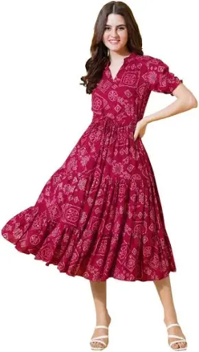 Flowervelly Women's Printed V-Neck Puffed Sleeve Midi Dress